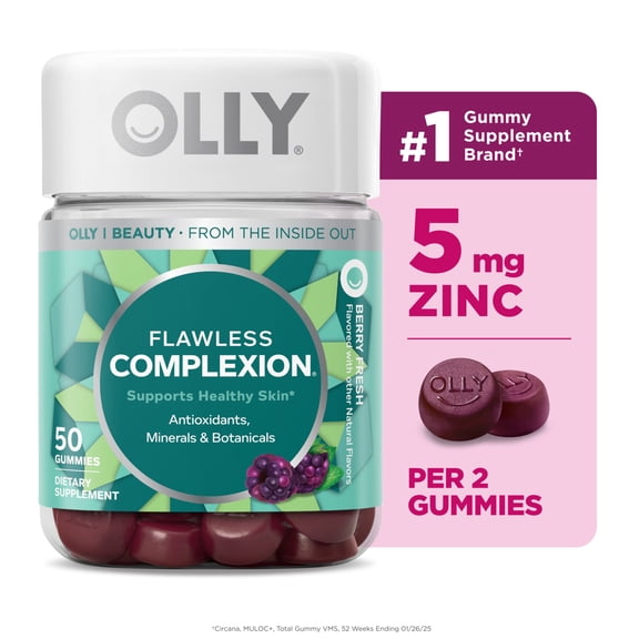 OLLY Flawless Complexion Gummy Supplement, Vitamins A, D, E & Zinc, Berry Fresh Flavored, 50 Count