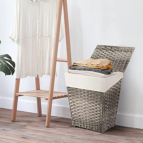 Outsunny Foldable Laundry Hamper, Divided Storage Basket, Rattan Clothes  Hamper with Lid, Removable Liner Bag, Grey Basket