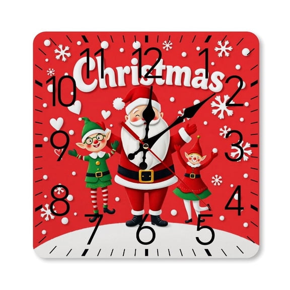 RKSupls 10×10inch Square Silent Wall Clock Wooden Frame, Santa Elf Christmas Scale Decorative Clock for Home Bedroom Living Room Office