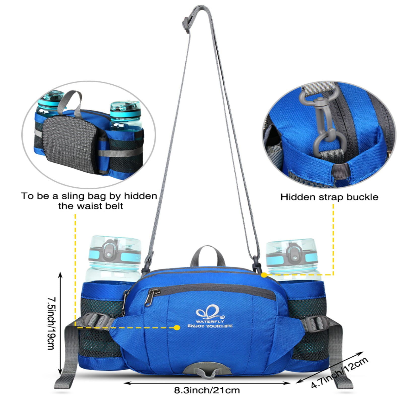 WATERFLY Unisex Large Capacity Hiking with Bottle Holder Nylon Fanny Pack Waist Bag,Blue