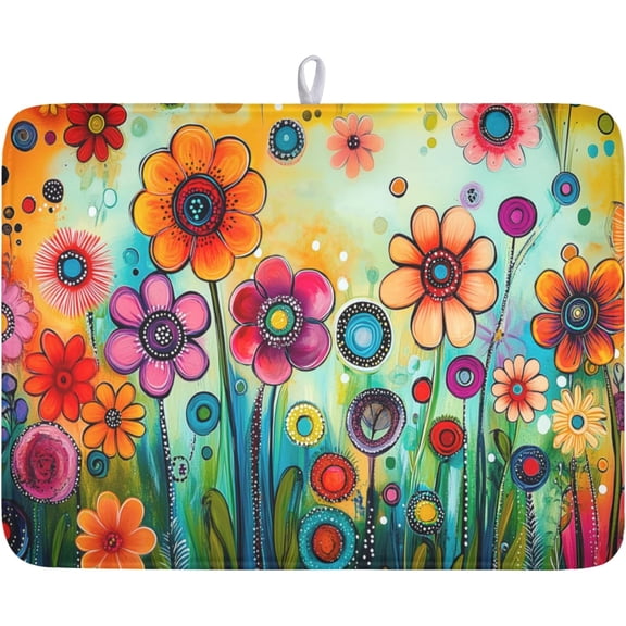 Abstract Colorful Floral Dish Drying Mat for Kitchen Counter Spring Summer Flower Microfiber Dish Drainer Mat Rustic Absorbent Washable Drying Pad Extra Large 18"x24"