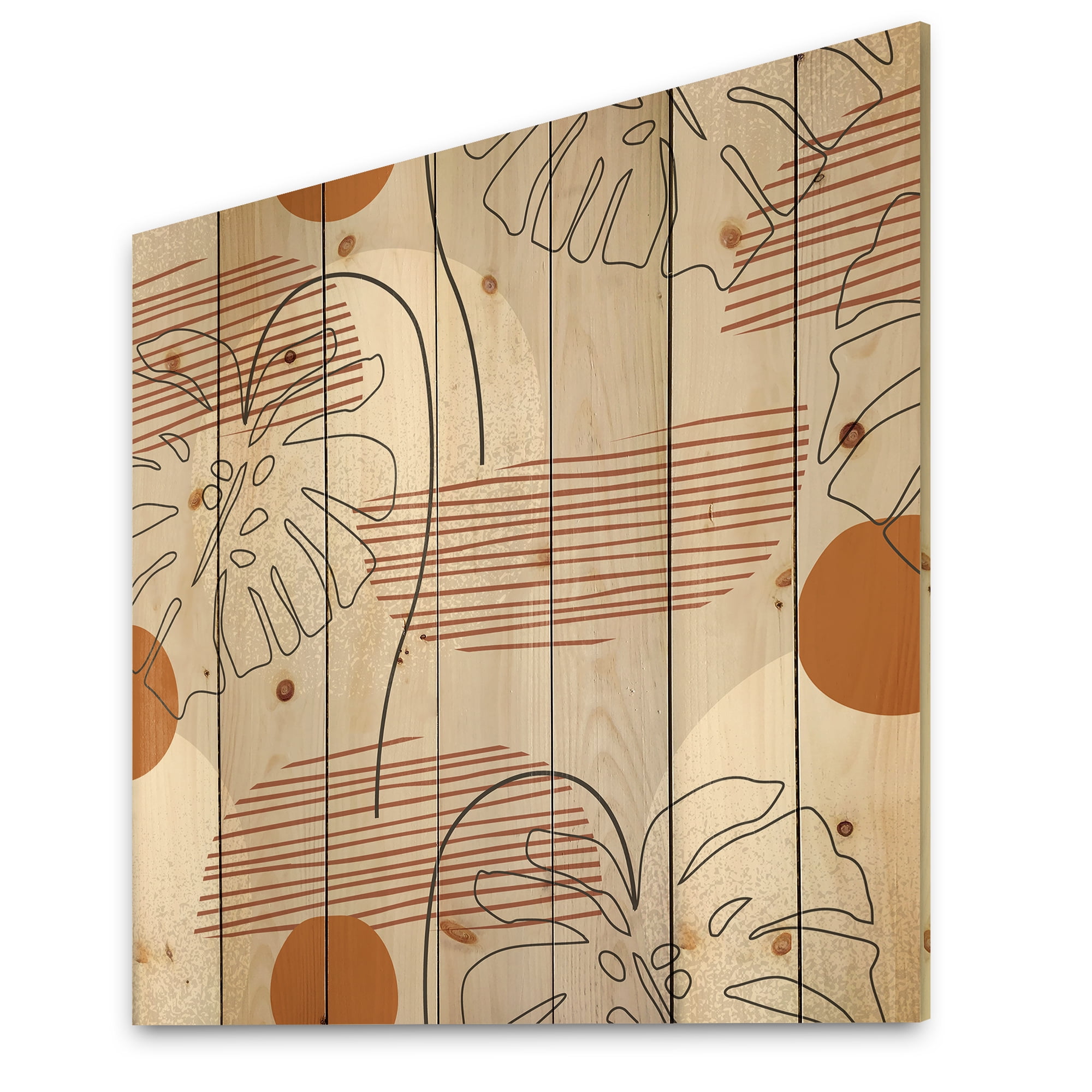 Designart 'Abstract Monstera Leaf and One Line Art Shapes' Modern Print on Natural Pine Wood