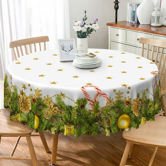 Nanqianyi Christmas Tablecloth 70×70 Inch Round, Christmas Green Pine Branches Washable Table Cloth for Party Dinner Decor