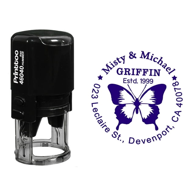 Printtoo Custom Round Butterfly Design Self Inking Return Address Rubber Stamp Personalized Stamper-Violet