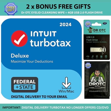 [New Version] TurboTax Deluxe 2024 Tax Software - Federal & State Tax Return [PC/MAC Download] - Brand New - BONUS FREE Dr OTC USB Drive 4GB