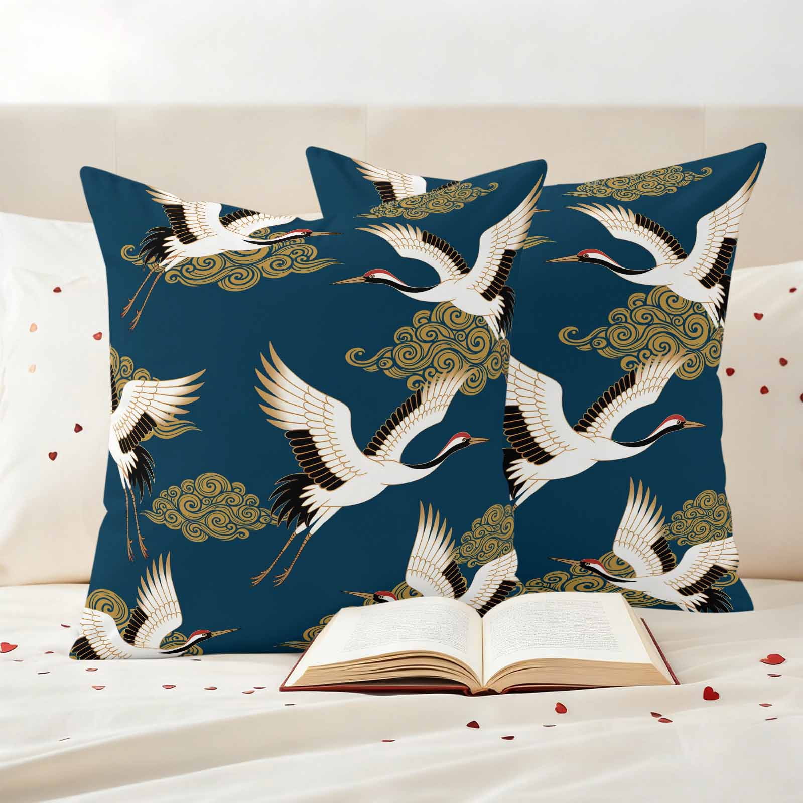 White Crane Outdoor Waterproof Throw Pillow Covers 18x18 Set of 2, Vintage Chinese Cloud Art Blue Gold Decorative Pillowcases Cushion Pillowcase for Couch Sofa Patio Outside Pillow Protector