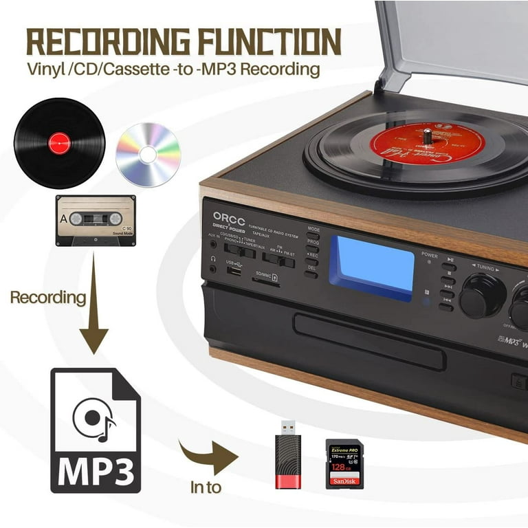 DIGITNOW Vinyl/LP Turntable Record Player, with Bluetooth, AM&FM Radio,  Cassette Tape, Aux in, SD Encoding & Playing MP3/ Built-in Stereo Speakers,  3.5mm Headphone Jack, Remote and LCD 