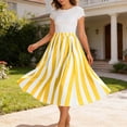 thumbnail image 4 of BRGZLK Women's Vintage Striped Midi Skirt Summer Trendy Loose Breathable Elastic High Waisted A Line Flowy Office Casual Skirt Yellow XXL, 4 of 6