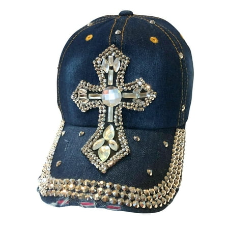 Popfizzy Bedazzled Cross Hat for Women, Rhinestone Hat with Cross on It, Bling Christian Hats, Bling Gifts for Women Denim
