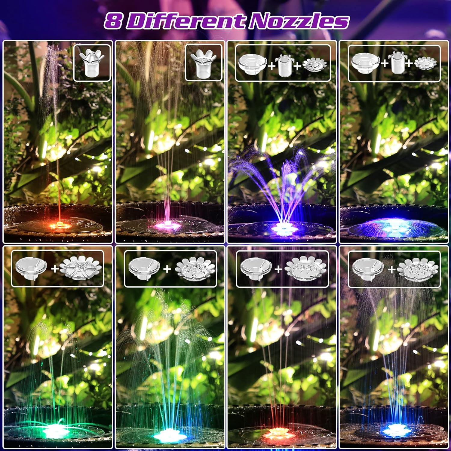 AISITIN 5.5W Solar Fountain with Light, 5.5W LED Light Solar Birdbath Fountain, 3000mAh Battery & 8 Nozzles Solar Fountain Pump for Pond, Birdbath, Pool, Garden