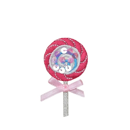 Bow Tie Applique - Sequin Pink Lollipop with Sheer Bow - Iron on Applique/Embroidered Patch