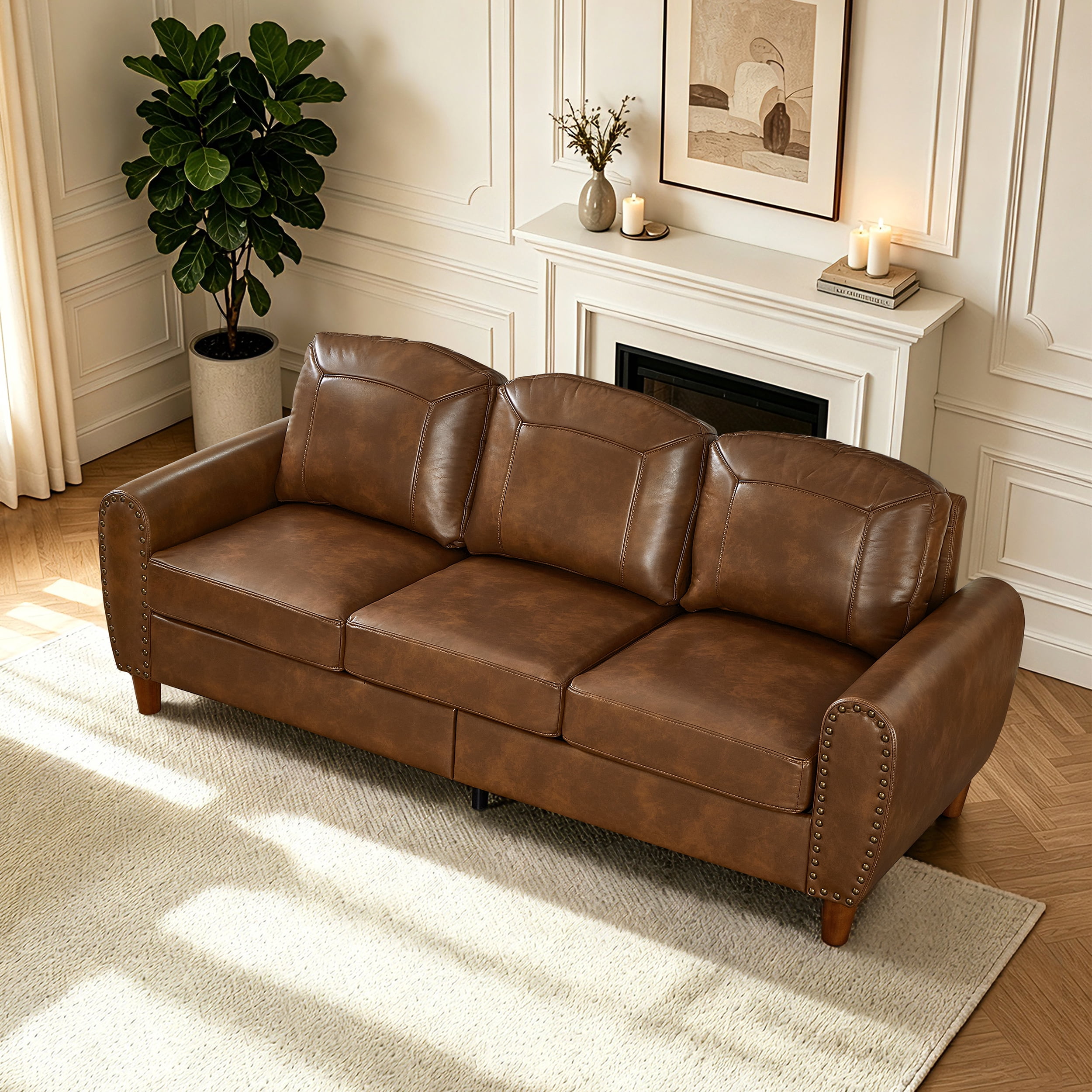 Mid-Century Modern Faux Leather 3-Seater Sofa,81.5"W Classic Rolled Arm Sofa Couch with Brass Nailhead Trim & Solid Wood Legs,Apartment,Living Room,Brown