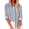 thumbnail image 2 of Women's Striped Button Down Shirt Long Sleeve Casual Blouse Cotton Linen Office Work Tops Loose Fit Fashion Outfit Spring Summer Dark Blue L, 2 of 7