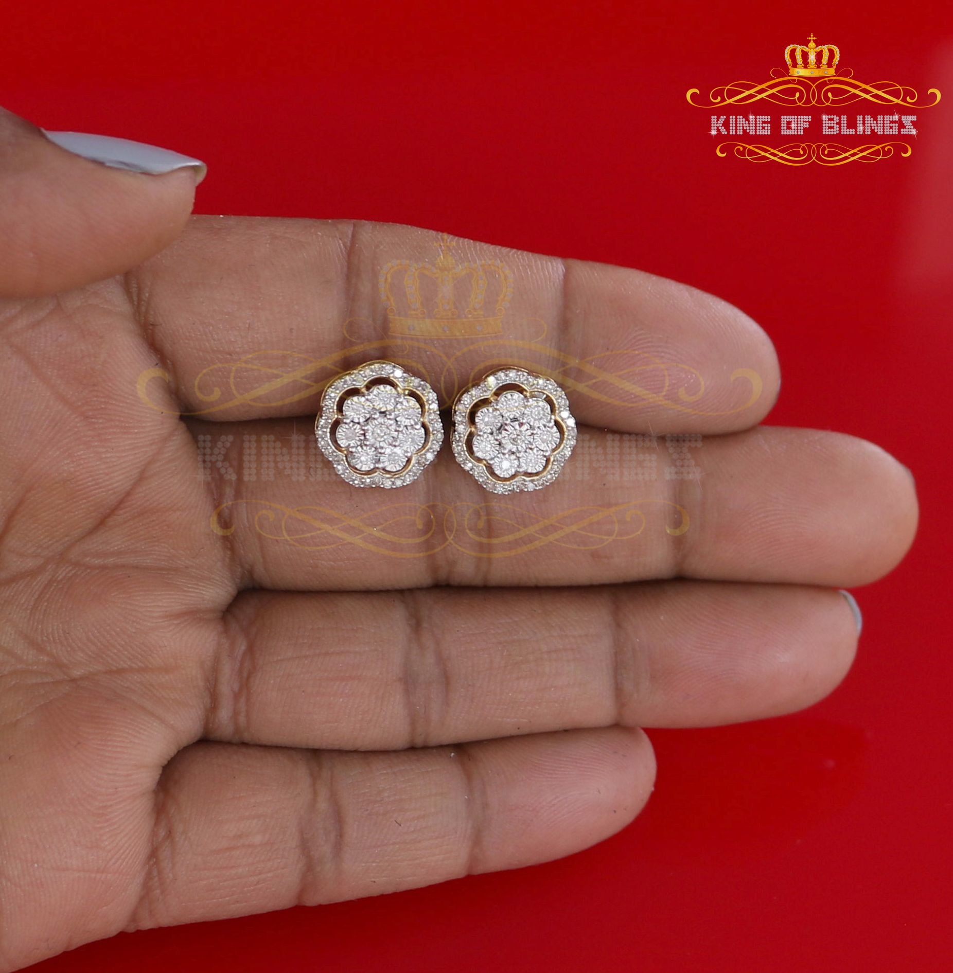 King of Bling's 10K Real Yellow Gold with 0.50CT Real Diamonds Men's/Women's stud Floral Earring