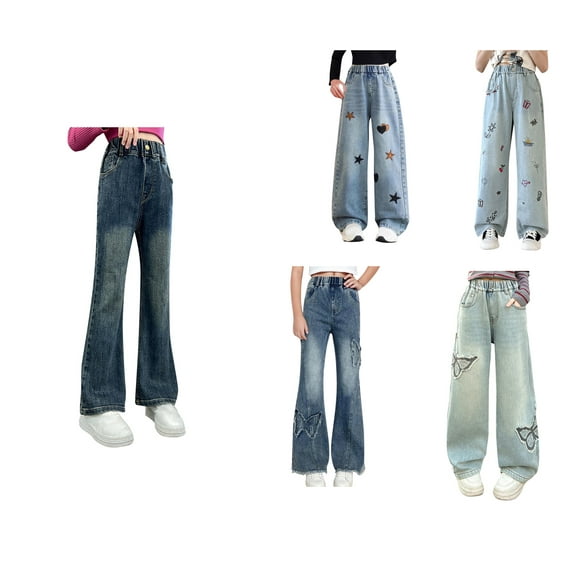 HAOTAGS Elastic Waist Long Pants Kid Plus Wide Leg Cargo Trousers Stretch Washed Pocket Girl Dailywear Navy 9 Years