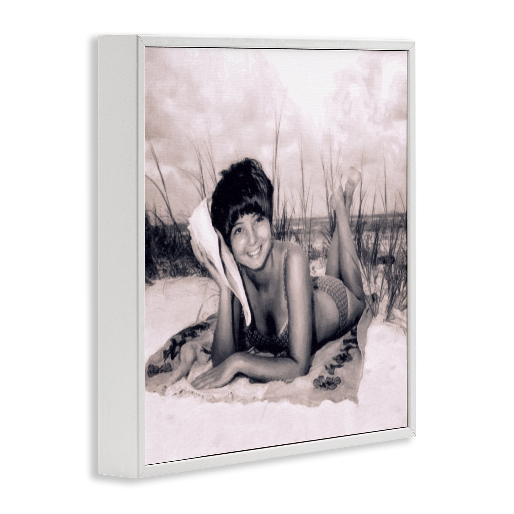 Stupell Industries Vintage Summer Girl with Conch White Framed Giclee Art, design by Grotto Studios