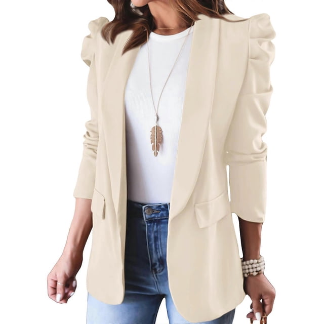 Women's casual blazer, puff-sleeved lapel cardigan work suit, office blazer with pockets dark brown XXL