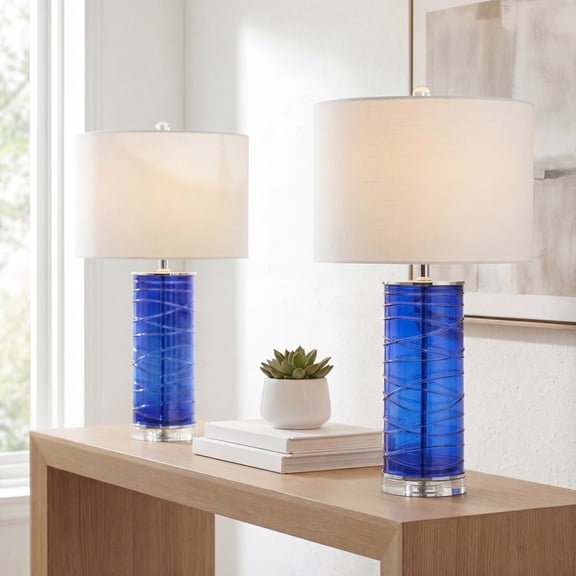 JONATHAN Y Cole 27.5" Modern Fused Glass Cylinder LED Table Lamp, Cobalt (Set of 2), JYL4017D-SET2