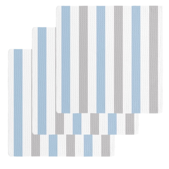 Light Blue Grey Stripe Kitchen Dish Towels for Drying Dishes Set of 3, Modern Farmhouse Vertical Striped Waffle Weave Microfiber Hand Tea Bathroom Towels Quick Dry & Absorbent Towel 12x12