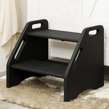 Wooden Step Stool - Two-Step 300 lbs Capacity With Safety Non-Slip Pads and Handles, Bamboo for Bathroom, Kitchen, Dual Height for Adults (Black)