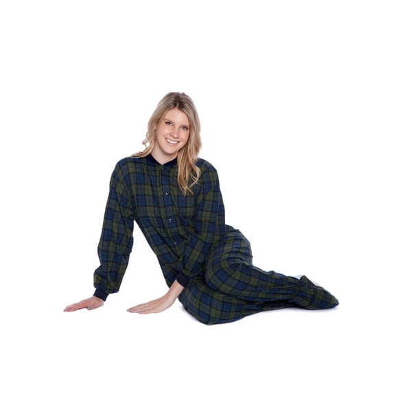 Navy Blue & Green Plaid Cotton Flannel Adult Footed Pajamas Sleeper Sleeper