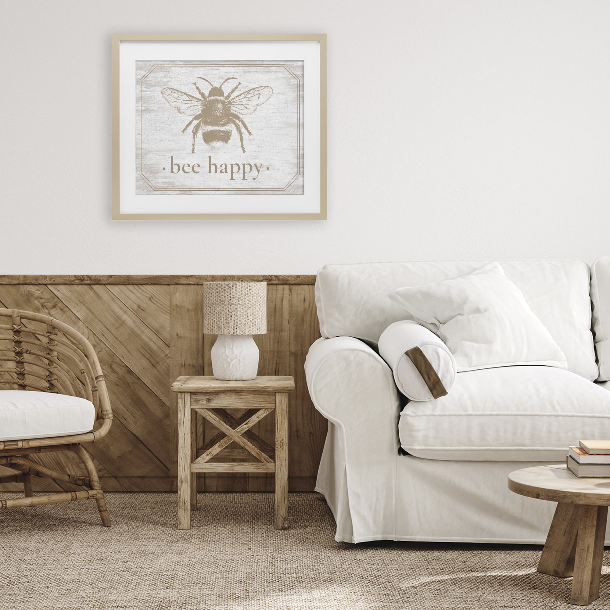 Bee Happy with Rustic Border Birch Framed Print Under Glass, design by Lettered and Lined