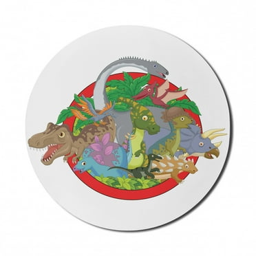 Jurassic Mouse Pad for Computers, Dinosaur Characters on Planet Globe Large Tropical Plants Leaves Landscape Print, Round Non-Slip Thick Rubber Modern Mousepad, 8" Round, Multicolor, by Ambesonne