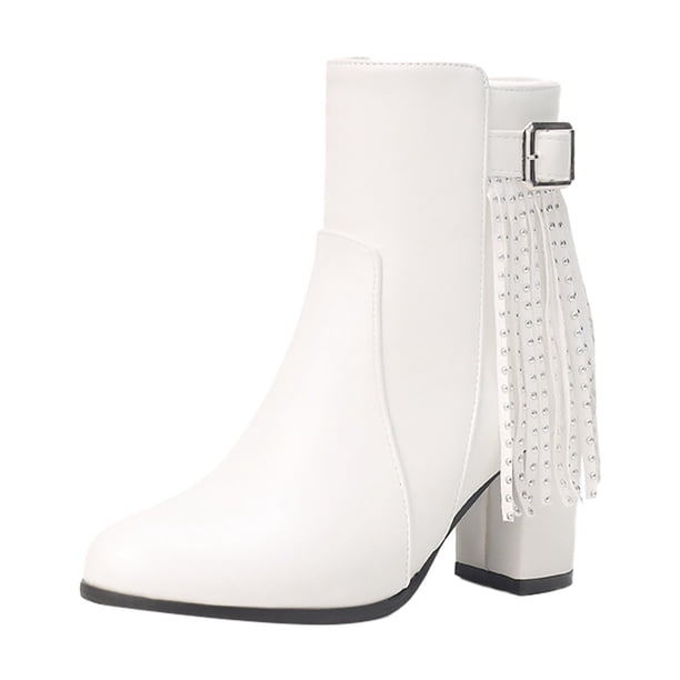 NECHOLOGY Botas Mujer Zapatos Botines de mujer Botas de mujer de otoño de tamaño de comercio exterior con hebilla de cinturón botas gruesas con borlas de tacón botas occidentales (White, 7)