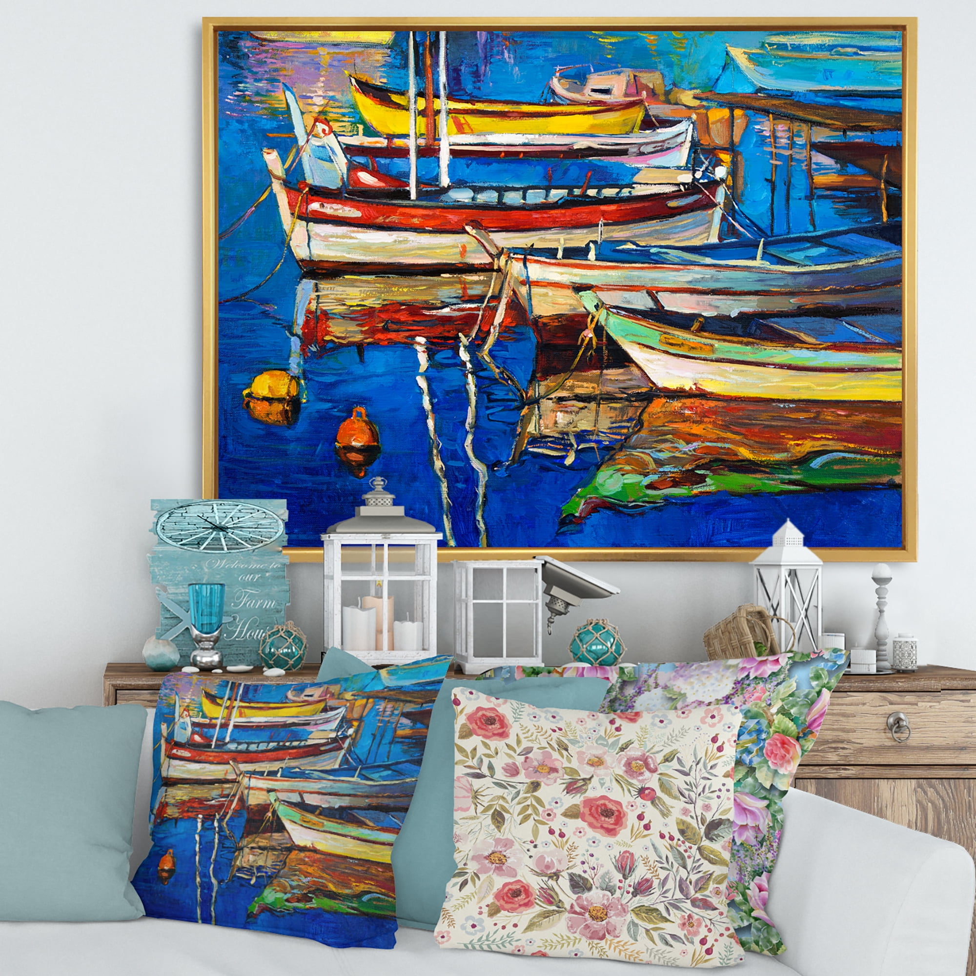 Designart 'Boats Near Coastal Town Resting On The Water II' Nautical & Coastal Framed Canvas Wall Art Print