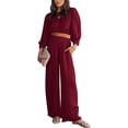 thumbnail image 2 of 2 Piece Outfits Solid Color Fall Clothes for Women 2023 Casual Blouses for Women Dressy Casual Long Sleeve Loose Crop Top Fashion Workout Linen Pants Going Out Outfits for Women(Red,L), 2 of 9
