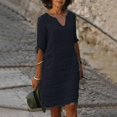thumbnail image 1 of Women's Short Sleeve Cotton Linen Midi Dress Ladies Solid V Neck Baggy Sundress-9, 1 of 3