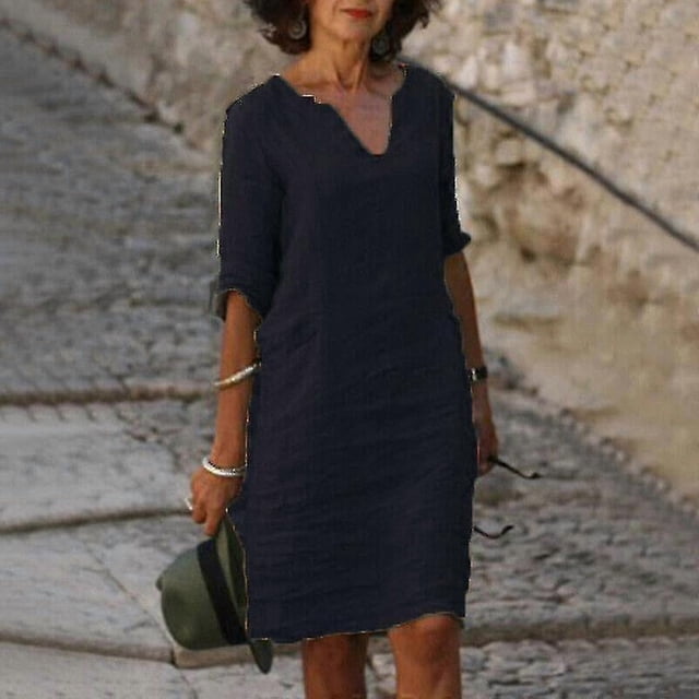 Women's Short Sleeve Cotton Linen Midi Dress Ladies Solid V Neck Baggy Sundress-9