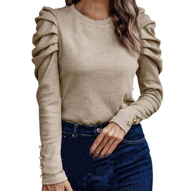Blusa informal de manga larga con cuello redondo y botones para mujer, poliéster, para primavera/otoño, tallas S-XXL