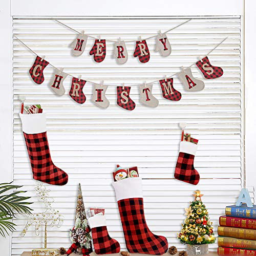 LSJDEER Christmas Banner and Stocking Set 4 Pcs Plaid Christmas Stockings for Fireplace Xmas Tree Home Holiday Party Decor Burlap Stocking Glove Shaped MERRY CHRISTMAS Letters Decoration 