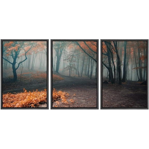 wall26 Framed Canvas Print Wall Art Set Mist Through The Autumn Orange Forest Nature Wilderness Photography Modern Art Rustic Scenic Ultra for Living Room, Bedroom, Office - 16"x24"x3 BLACK
