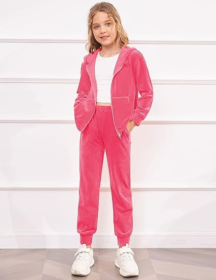 Oudiya Girls 2 Piece Outfits Velour Tracksuit Hoodie and Jogger Set Sweatsuit Athletic Clothes Sets