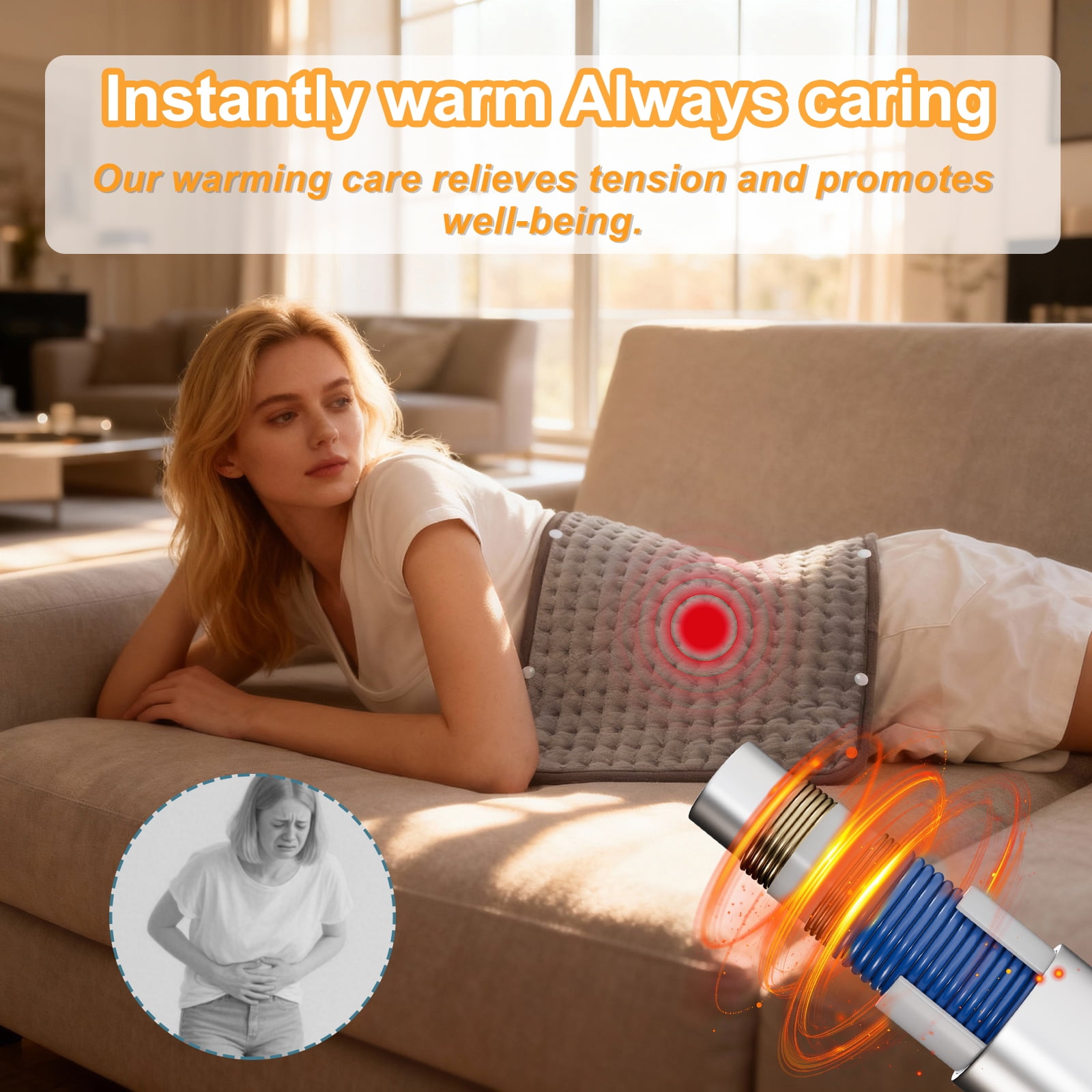 Electric Heating Pad for Period Cramps & Lower Back Pain - 24"x12" Size, 9 Customizable Heat Settings, Auto Shut-Off, Machine Washable for Targeted Relief, Gray