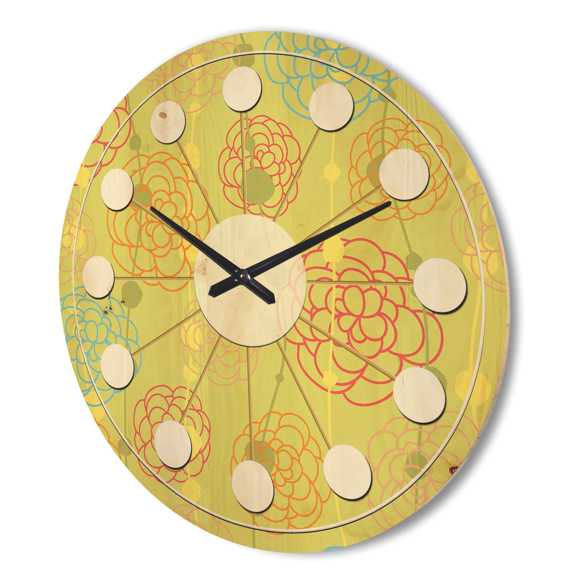 Designart 'Retro Flowers On Green Background' Mid-Century Modern Wood Wall Clock