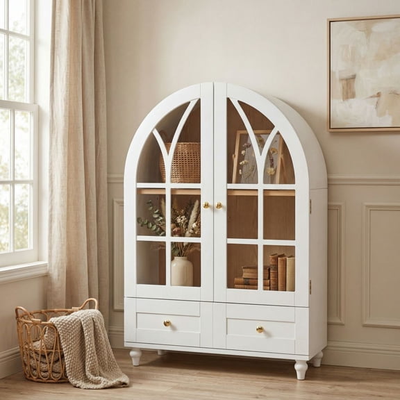 MIDOQIN Arched Bookcase, Freestanding Low Short Bookshelf Display Cabinet with Tempered Glass Doors and Drawer for Living Room, Dining Room, White, Natural Wood Grain