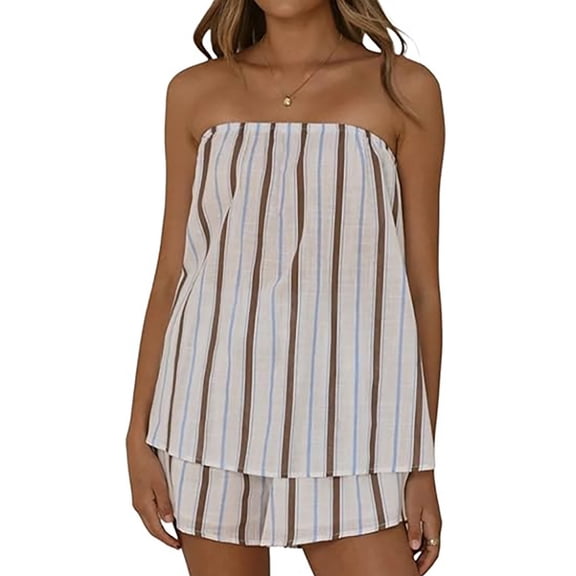 Women Striped 2 Piece Shorts Set Strapless Tube Top and Shorts Lounge Sets Summer Vacation Matching Outfits