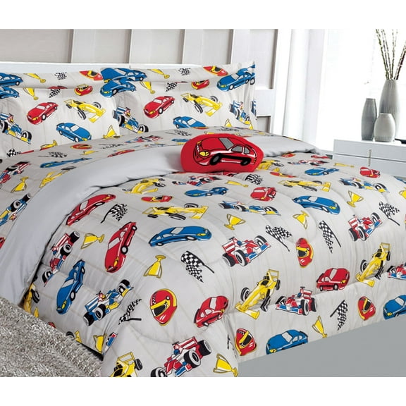 Comforter set matching fitted sheet set and pillow sham plushie toy FULL size race cars grey bed in bag print design supersoft for girls, boys bedroom décor