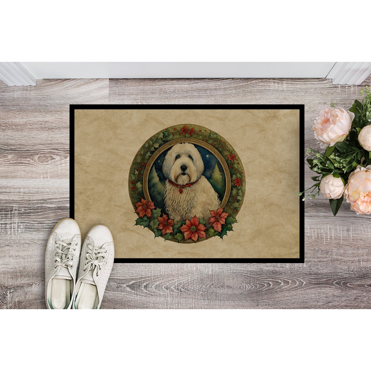 Carolines Treasures DAC2401MAT 18 x 27 in. Unisex Old English Sheepdog Christmas Flowers Doormat