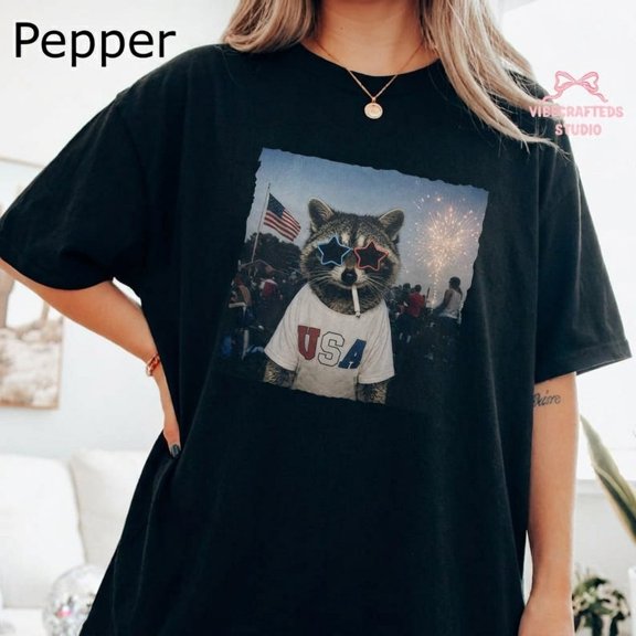 Vintage Patriotic Raccoon USA Glasses T-Shirt - Cute 4th of July Graphic Tee for Men and Women, Pepper