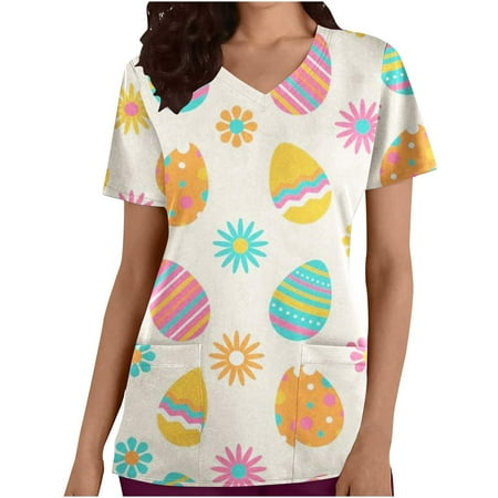 

atinetok Scrubs Tops for Women Easter Eggs Dressy Casual Work Tshirt Shirts Short Sleeve V Neck Womens Blouse with Pocket