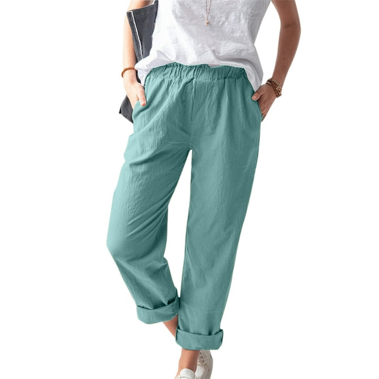 EHQJNJ Cotton Joggers for Women with Pockets Women Solid Tightness Cotton  Linen Trousers Pocket Casual Pants Clothes,Light blue