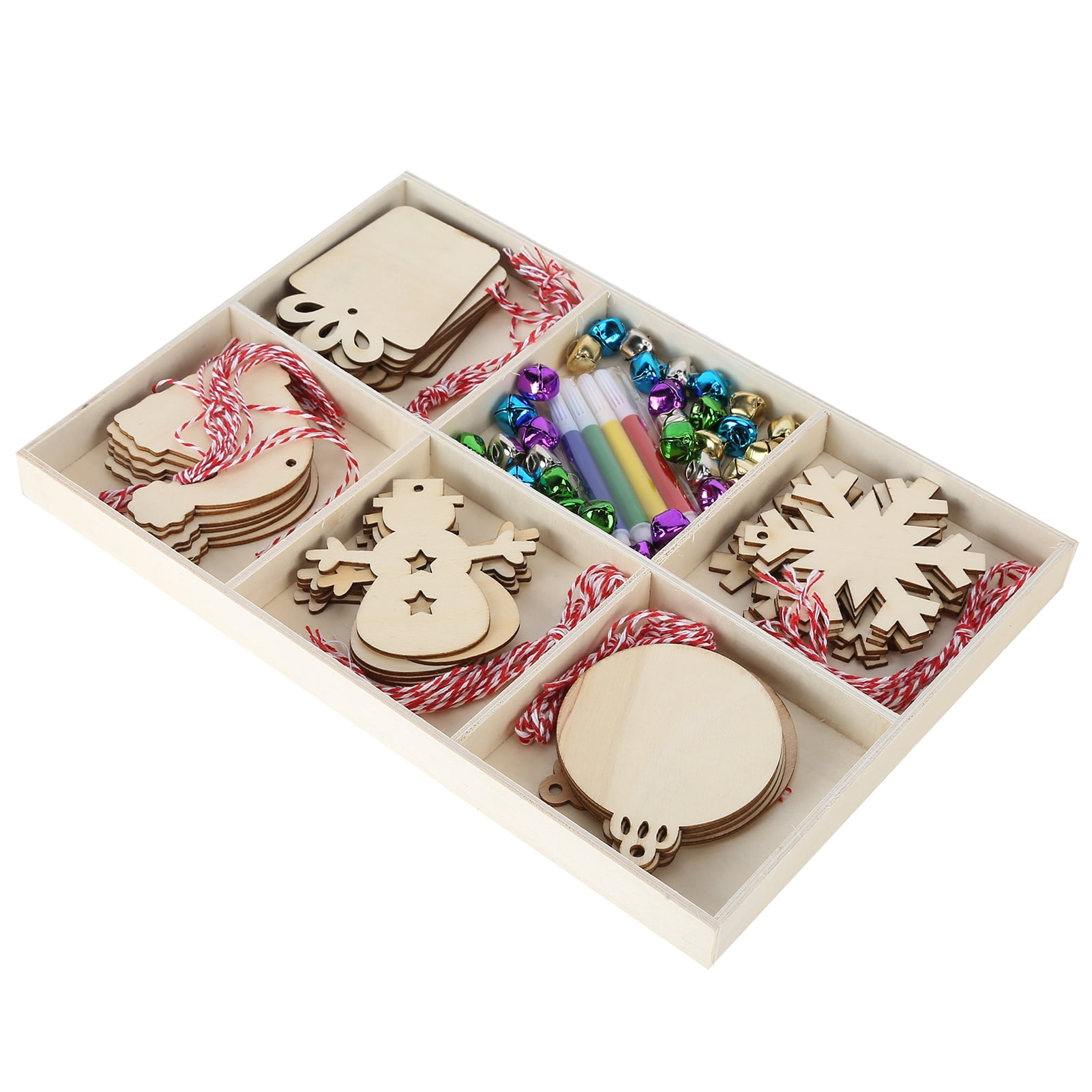 YAHHU Unfinished Wood Christmas Tree Ornaments DIY Craft Kit Wooden Slices Hanging Pendants with Bells Ropes Color Pens for Holiday Home Decoration (12.2 inches / 31 cm)