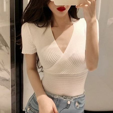 

KDJ Summer dress t-shirt female Korean style and tight V-neck top high waist shirt