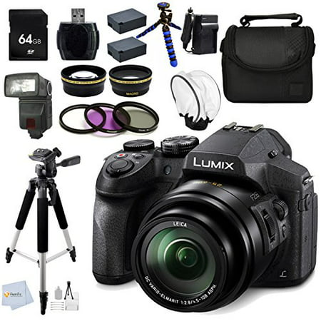 Panasonic LUMIX DMC-FZ300K 4K, FZ300, Point and Shoot Camera with Leica DC Lens 24X Zoom, (Black) + 0.43X Wide Angle Lens + 2.2X Telephoto Lens + 64GB Memory Card + Reader + 57