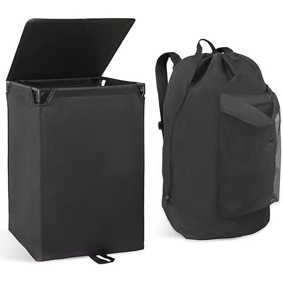 2-in-1 Laundry Hamper with Laundry Backpack, 60L Waterproof Basket with Lid, Laundry Bag with Shoulder Straps and Mesh Pocket, Hamper for College Dorm, Travel, Apartment, Laundromat