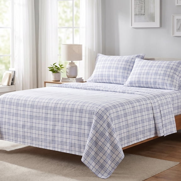 Regency Heights Queen Size Cotton Flannel Sheet Set, 4-Piece Flannel Bed Sheets Queen, 100% Cotton Bed Sheets Set with Deep Pocket, Blue Plaid